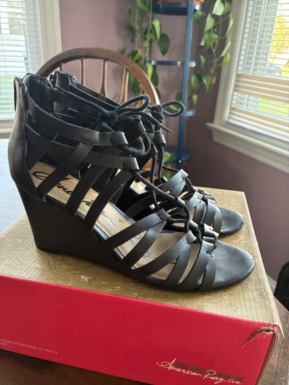 American Rag Black Lace-Up Strappy Wedge Sandals